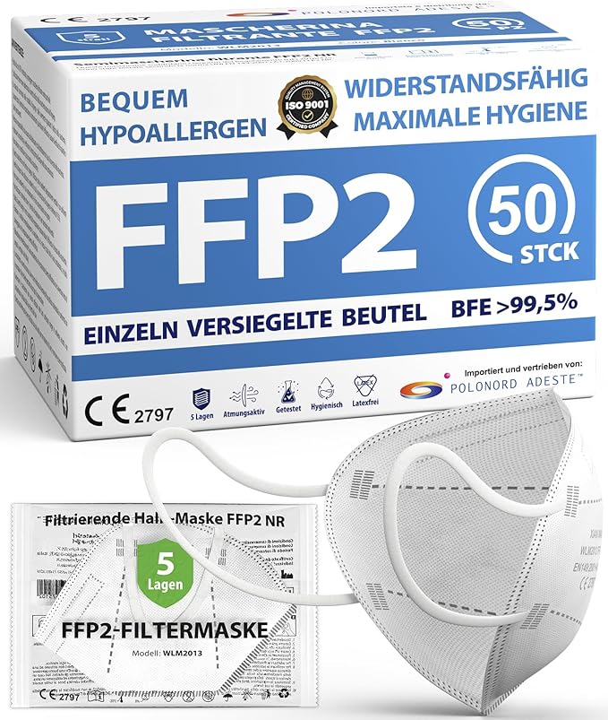 FFP2 Filtermaske 50er Pack, CE 2797, BFE >99,5%, einzeln versiegelt